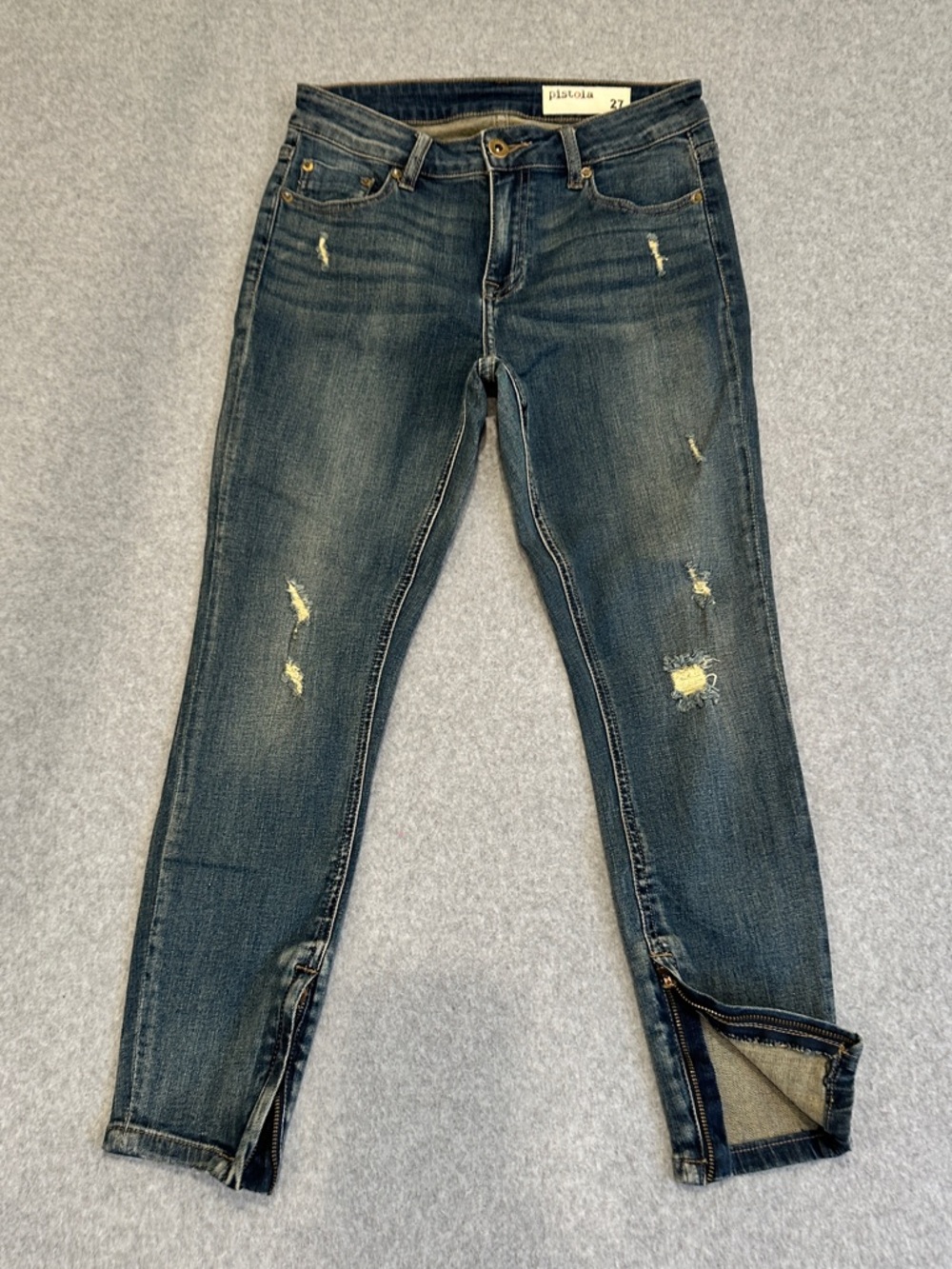Pistola Distressed Dark Blue Ankle Zip Slim Jeans